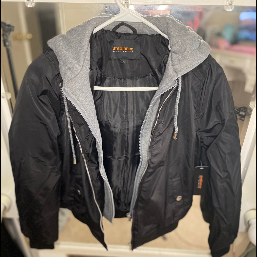 Ambiance Outerwear Hooded Black Bomber Jacket